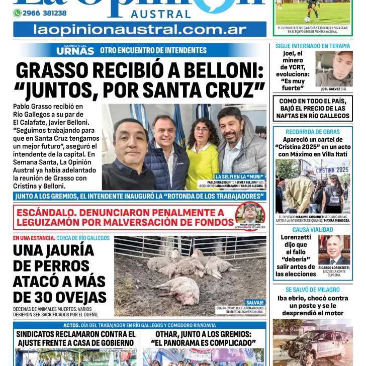 Tapa del Diario La Opinión Austral edición impresa del viernes 2 de mayo de 2025, Río Gallegos, Santa Cruz, Argentina