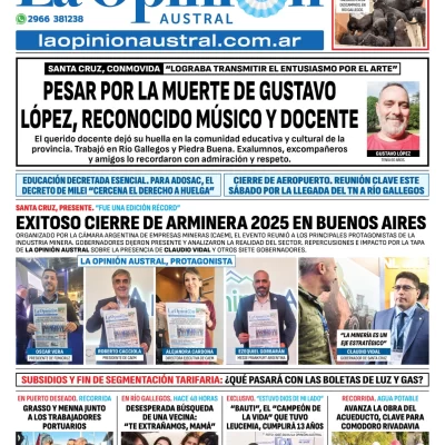 Tapa del Diario La Opinión Austral edición impresa del viernes 23 de mayo de 2025, Río Gallegos, Santa Cruz, Argentina