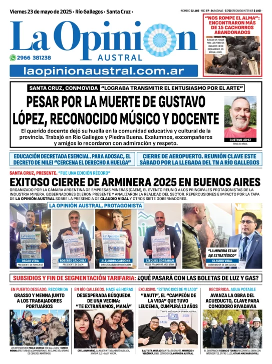 Tapa del Diario La Opinión Austral edición impresa del viernes 23 de mayo de 2025, Río Gallegos, Santa Cruz, Argentina