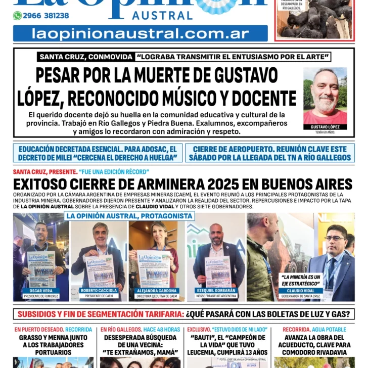 Tapa del Diario La Opinión Austral edición impresa del viernes 23 de mayo de 2025, Río Gallegos, Santa Cruz, Argentina