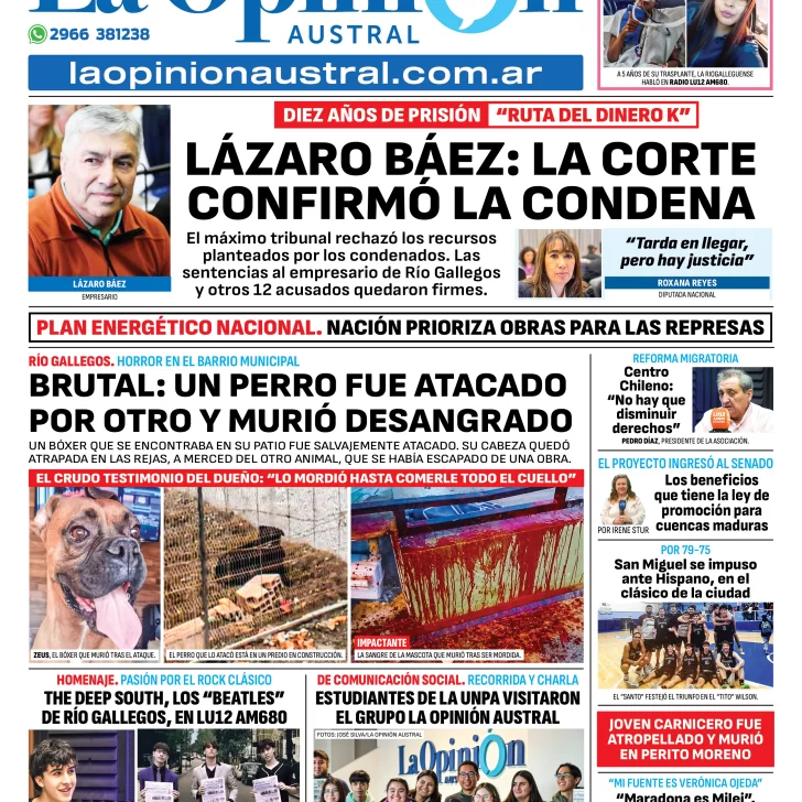 Tapa del Diario La Opinión Austral edición impresa del viernes 30 de mayo de 2025, Río Gallegos, Santa Cruz, Argentina