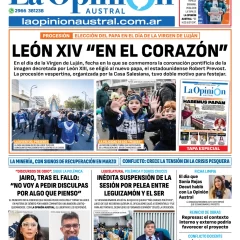 Tapa del Diario La Opinión Austral edición impresa del viernes 9 de mayo de 2025, Río Gallegos, Santa Cruz, Argentina