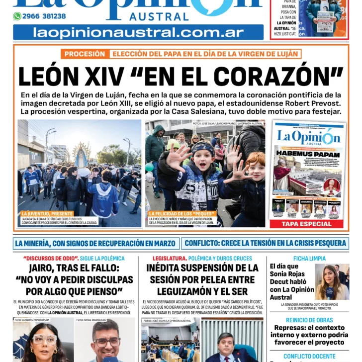 Tapa del Diario La Opinión Austral edición impresa del viernes 9 de mayo de 2025, Río Gallegos, Santa Cruz, Argentina