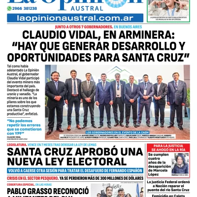 Tapa del Diario La Opinión Austral edición impresa del jueves 22 de mayo de 2025, Río Gallegos, Santa Cruz, Argentina
