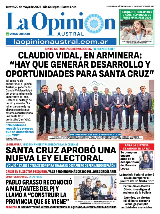Tapa del Diario La Opinión Austral edición impresa del jueves 22 de mayo de 2025, Río Gallegos, Santa Cruz, Argentina