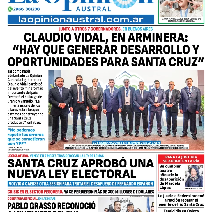 Tapa del Diario La Opinión Austral edición impresa del jueves 22 de mayo de 2025, Río Gallegos, Santa Cruz, Argentina