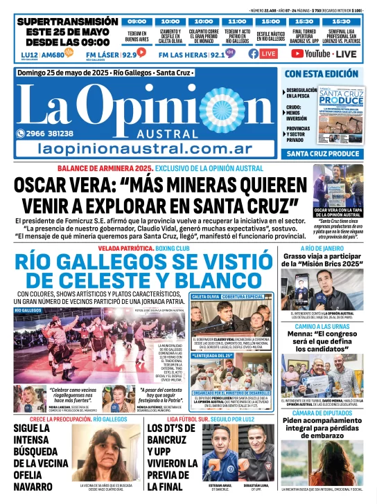 Tapa del Diario La Opinión Austral edición impresa del domingo 25 de mayo de 2025, Río Gallegos, Santa Cruz, Argentina