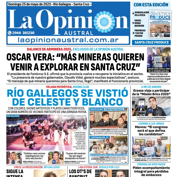 Tapa del Diario La Opinión Austral edición impresa del domingo 25 de mayo de 2025, Río Gallegos, Santa Cruz, Argentina