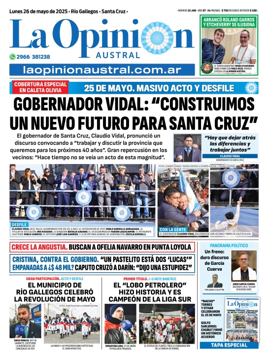 Tapa del Diario La Opinión Austral edición impresa del lunes 26 de mayo de 2025, Río Gallegos, Santa Cruz, Argentina