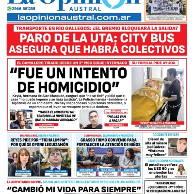 Tapa del Diario La Opinión Austral edición impresa del martes 6 de mayo de 2025, Río Gallegos, Santa Cruz, Argentina