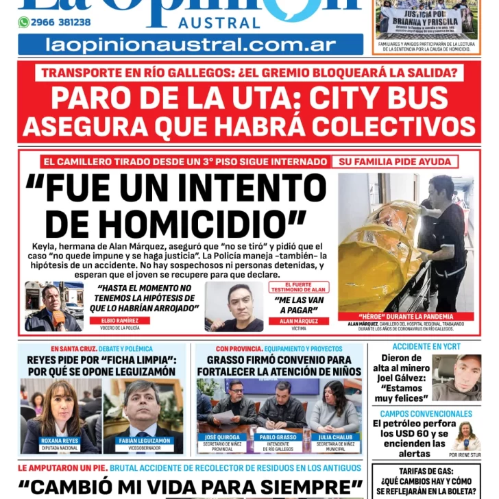 Tapa del Diario La Opinión Austral edición impresa del martes 6 de mayo de 2025, Río Gallegos, Santa Cruz, Argentina