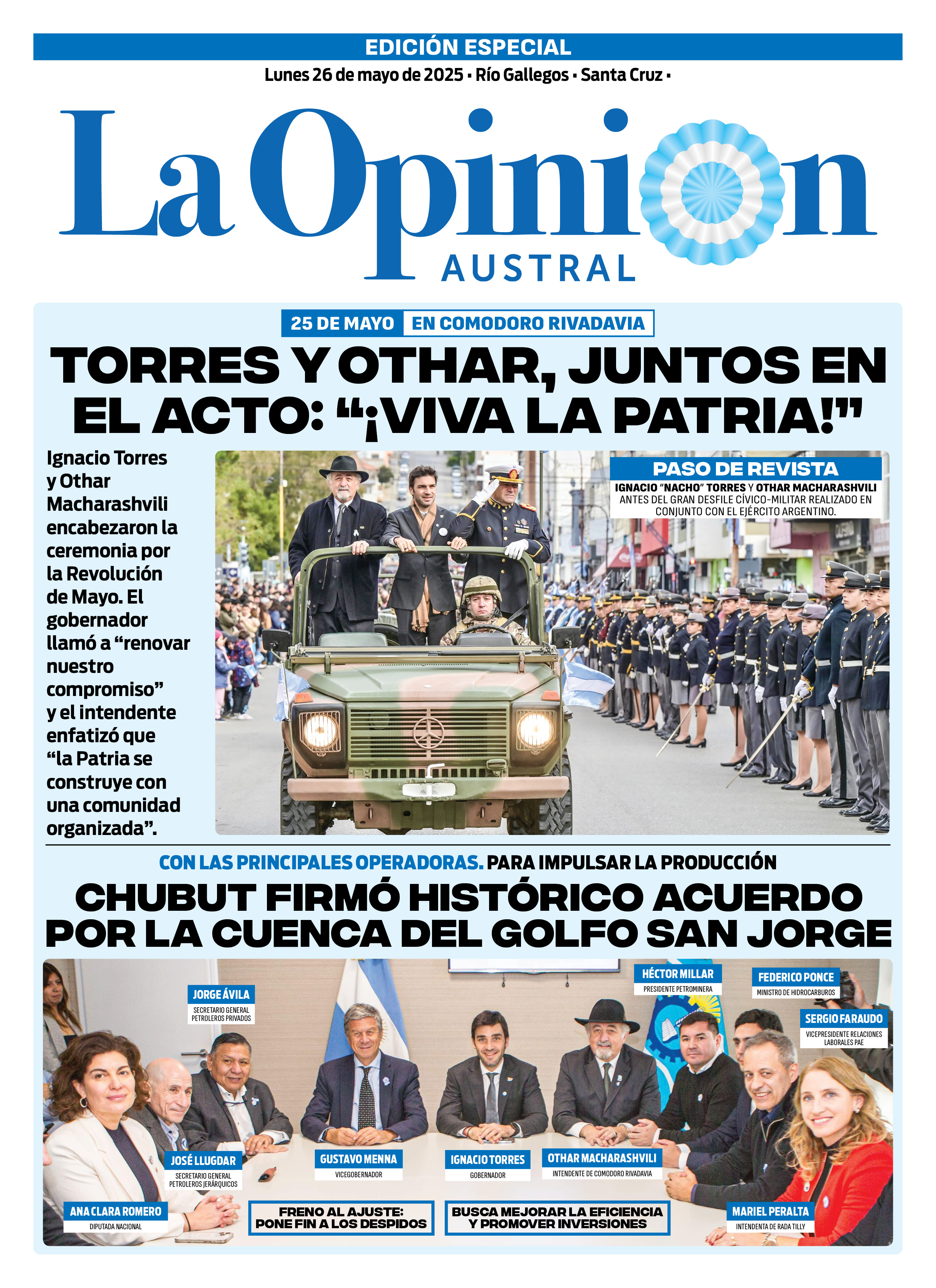 Tapa del Diario La Opinión Austral edición impresa del lunes 26 de mayo de 2025, Río Gallegos, Santa Cruz, Argentina