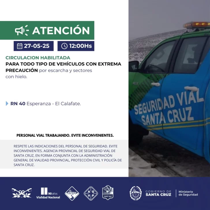 Rutas congeladas en Santa Cruz: piden extrema precaución al circular