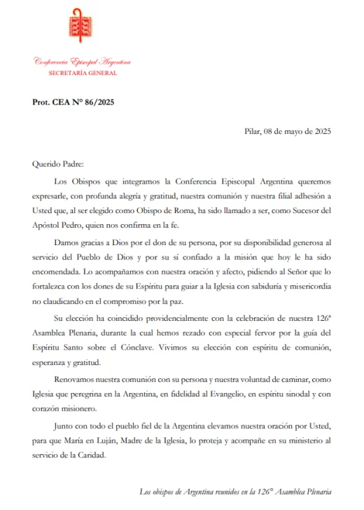 La carta de la Conferencia Episcopal Argentina al papa León XIV: &#8220;Que María en Luján lo proteja y acompañe”