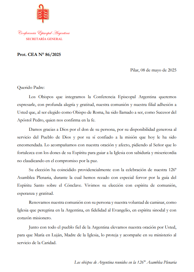 La carta de la Conferencia Episcopal Argentina al papa León XIV: &#8220;Que María en Luján lo proteja y acompañe”