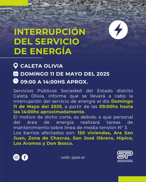 Corte de luz para este domingo en Caleta Olivia: cuánto durará y qué zonas afectará Corte de luz para este domingo en Caleta Olivia: cuánto durará y qué zonas afectará