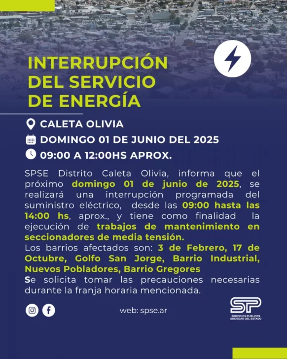 Corte de luz para este domingo en Caleta Olivia: qué barrios afectará y cuánto durará