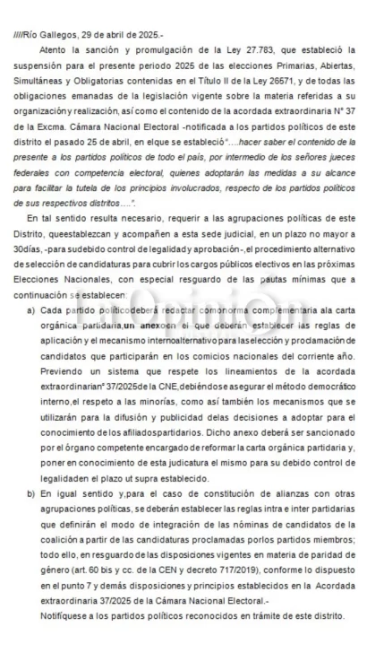 La Justicia Federal le pidió a los partidos políticos de Santa Cruz que informen si harán o no internas