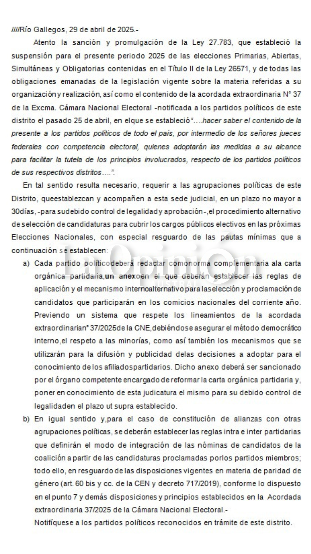 La Justicia Federal le pidió a los partidos políticos de Santa Cruz que informen si harán o no internas