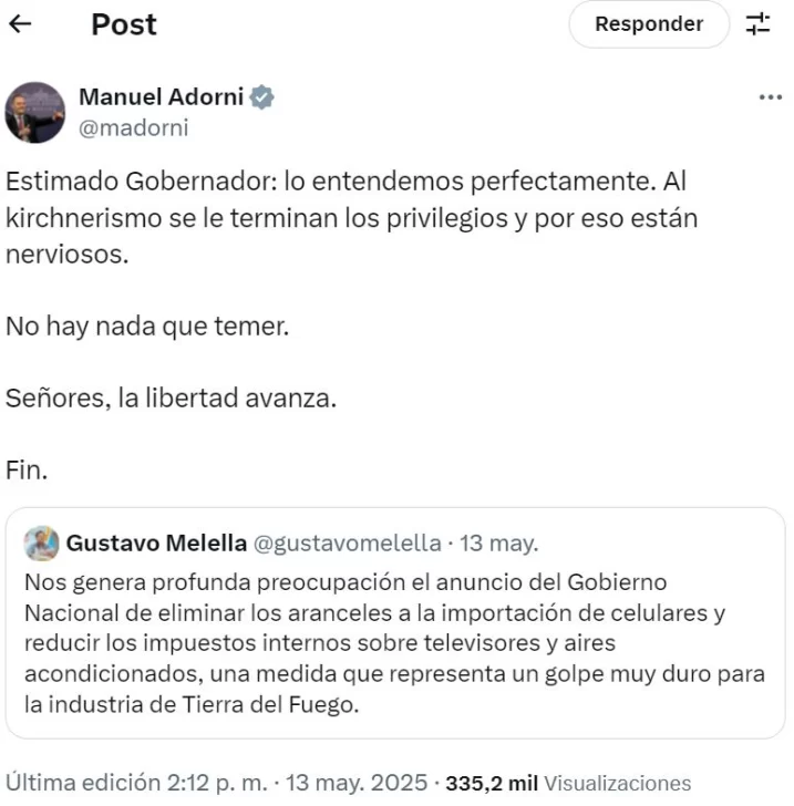 Gustavo Melella y Manuel Adorni se cruzaron por la quita de aranceles a los celulares importados