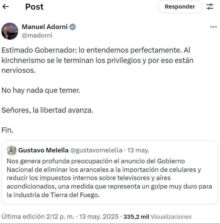 Gustavo Melella y Manuel Adorni se cruzaron por la quita de aranceles a los celulares importados