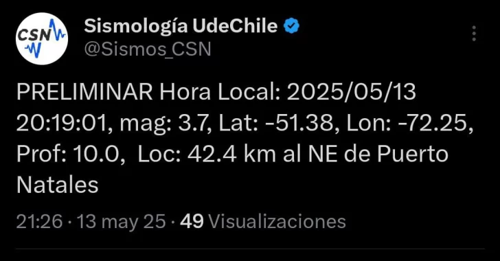Un nuevo sismo de 3.8 se registró en Río Turbio y Puerto Natales en la noche del martes Un nuevo sismo de 3.8 se registró en Río Turbio y Puerto Natales en la noche del martes