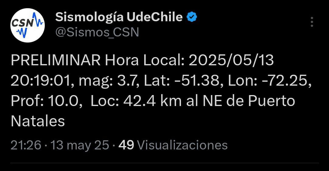 Un nuevo sismo de 3.8 se registró en Río Turbio y Puerto Natales en la noche del martes