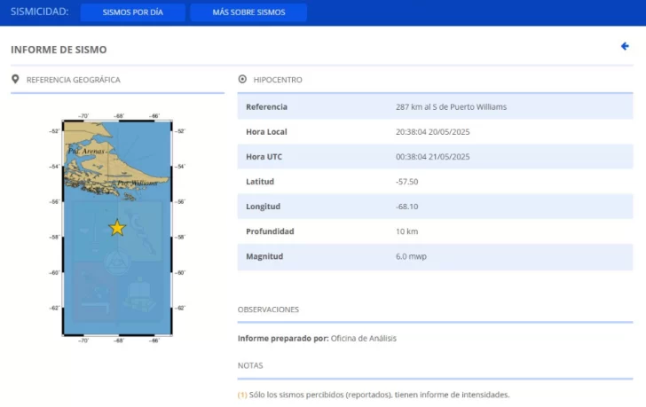 Fuerte sismo de 6.0 sacudió la Región de Magallanes en Chile
