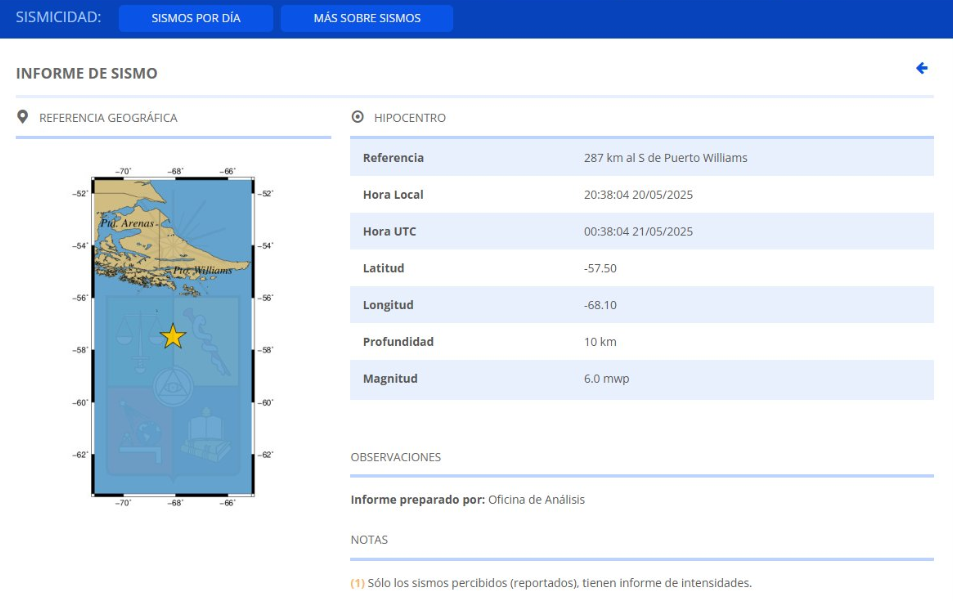 Fuerte sismo de 6.0 sacudió la Región de Magallanes en Chile