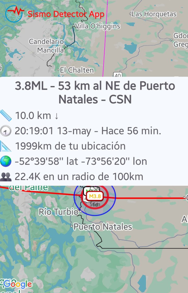 Un nuevo sismo de 3.8 se registró en Río Turbio y Puerto Natales en la noche del martes