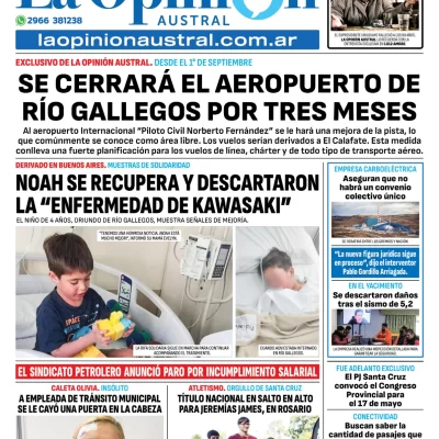 Tapa del Diario La Opinión Austral edición impresa del miércoles 14 de mayo de 2025, Río Gallegos, Santa Cruz, Argentina