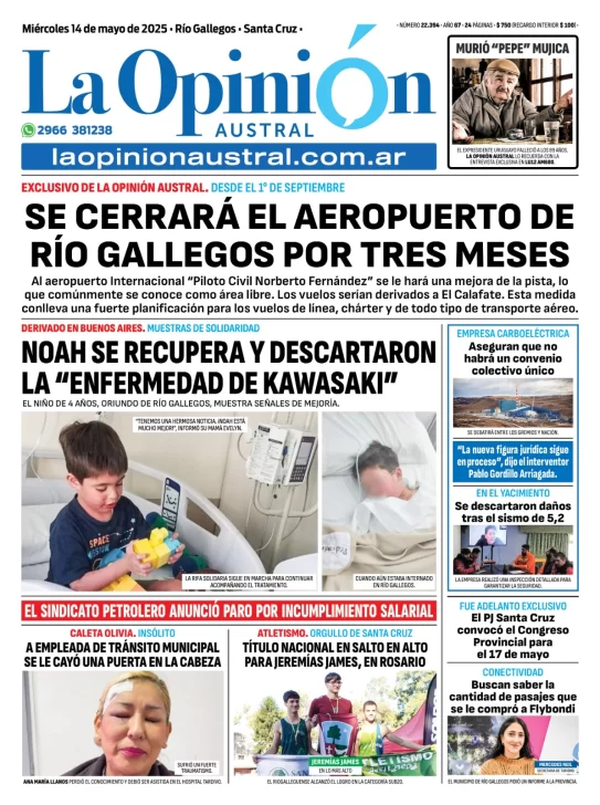Tapa del Diario La Opinión Austral edición impresa del miércoles 14 de mayo de 2025, Río Gallegos, Santa Cruz, Argentina