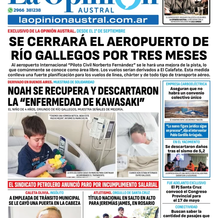 Tapa del Diario La Opinión Austral edición impresa del miércoles 14 de mayo de 2025, Río Gallegos, Santa Cruz, Argentina
