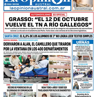 Tapa del Diario La Opinión Austral edición impresa del domingo 11 de mayo de 2025, Río Gallegos, Santa Cruz, Argentina