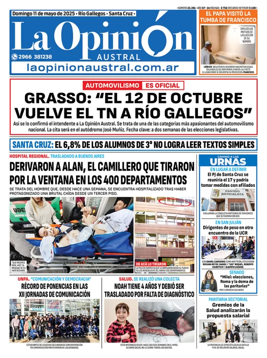 Tapa del Diario La Opinión Austral edición impresa del domingo 11 de mayo de 2025, Río Gallegos, Santa Cruz, Argentina