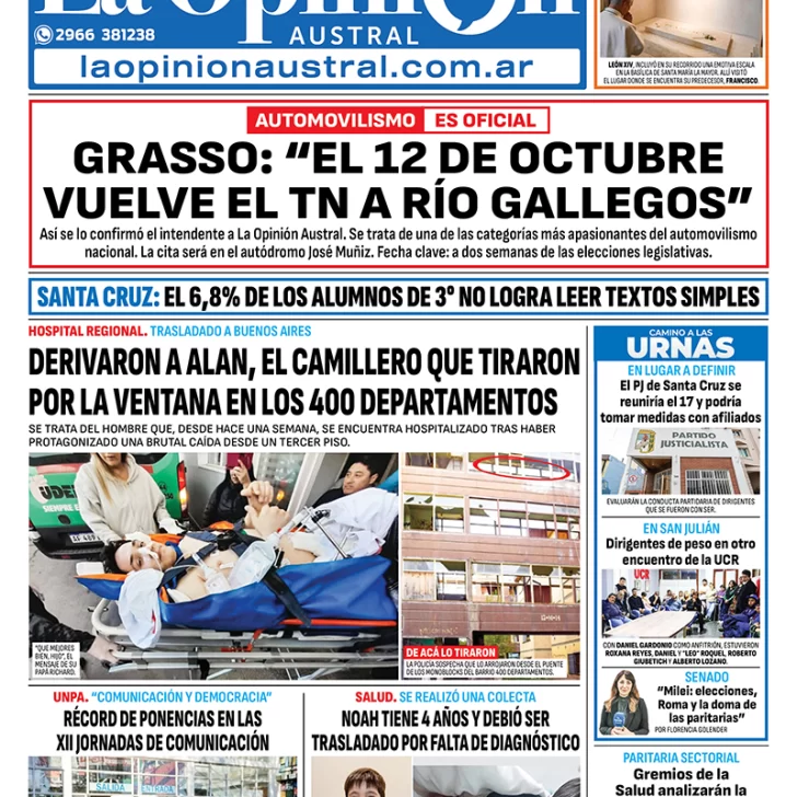 Tapa del Diario La Opinión Austral edición impresa del domingo 11 de mayo de 2025, Río Gallegos, Santa Cruz, Argentina