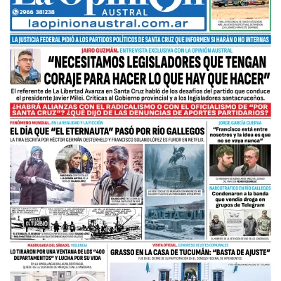 Tapa del Diario La Opinión Austral edición impresa del domingo 4 de mayo de 2025, Río Gallegos, Santa Cruz, Argentina