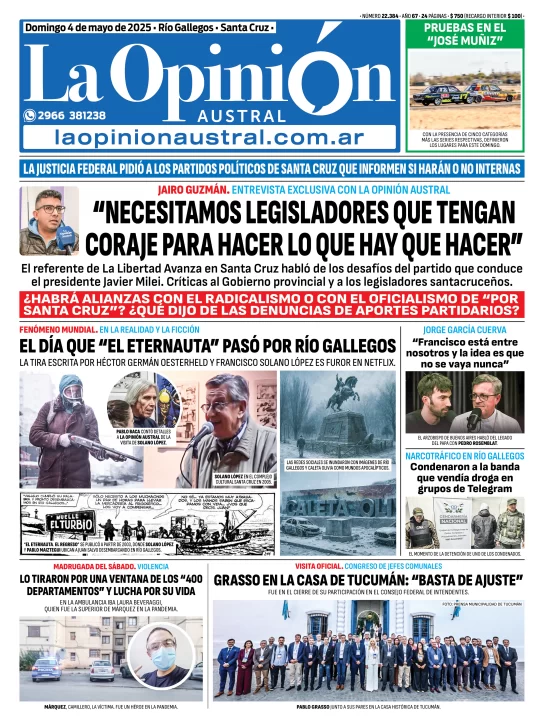 Tapa del Diario La Opinión Austral edición impresa del domingo 4 de mayo de 2025, Río Gallegos, Santa Cruz, Argentina