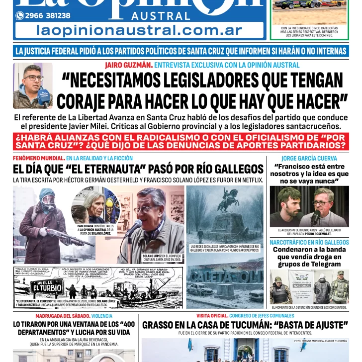 Tapa del Diario La Opinión Austral edición impresa del domingo 4 de mayo de 2025, Río Gallegos, Santa Cruz, Argentina