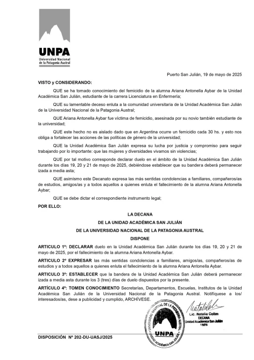 UNPA de Puerto San Julián declara tres días de duelo por el femicidio de Antonella Aybar