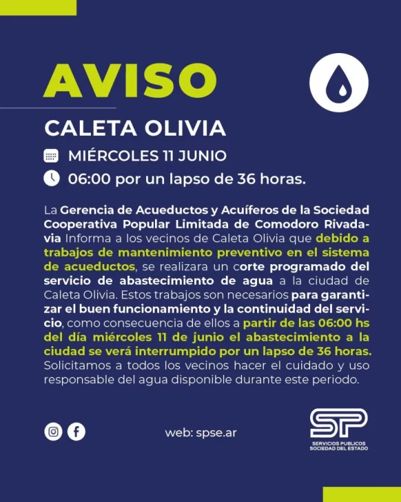 Anuncian corte de agua por 36 horas en Caleta Olivia Anuncian corte de agua por 36 horas en Caleta Olivia