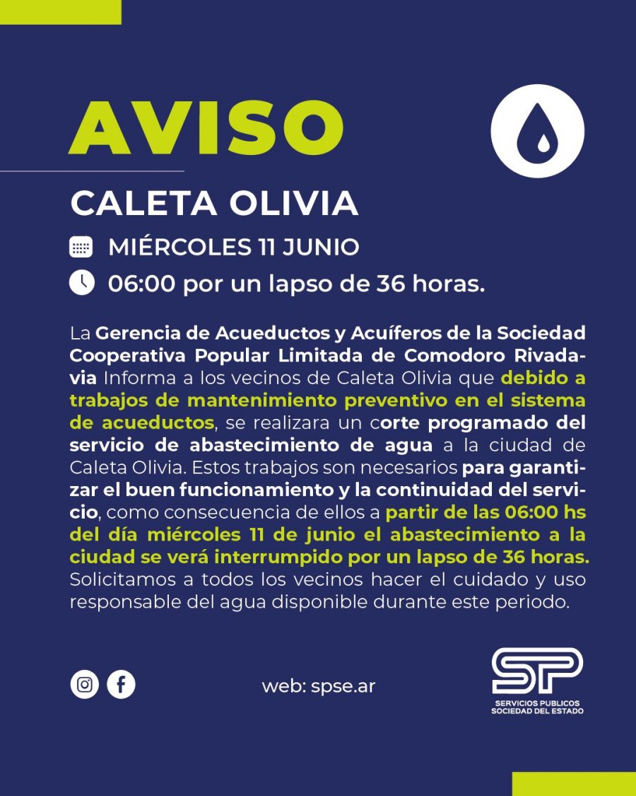 Anuncian corte de agua por 36 horas en Caleta Olivia