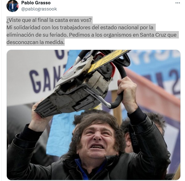  El posteo que había hecho el intendente de Río Gallegos.