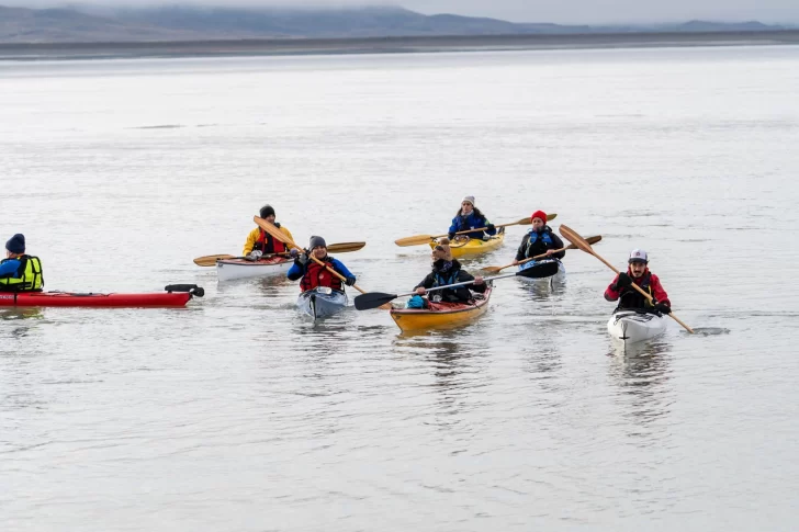  Los kayakistas navegaron hasta llegar al sector de limpieza. FOTO: LEANDRO FRANCO/ LA OPINIÓN AUSTRAL
