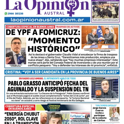 Tapa del Diario La Opinión Austral edición impresa del martes 3 de junio de 2025, Río Gallegos, Santa Cruz, Argentina