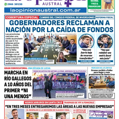 Tapa del Diario La Opinión Austral edición impresa del miércoles 4 de junio de 2025, Río Gallegos, Santa Cruz, Argentina