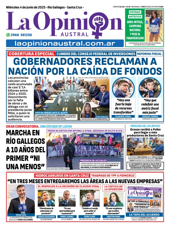 Tapa del Diario La Opinión Austral edición impresa del miércoles 4 de junio de 2025, Río Gallegos, Santa Cruz, Argentina