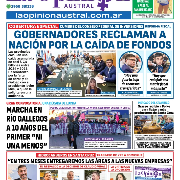 Tapa del Diario La Opinión Austral edición impresa del miércoles 4 de junio de 2025, Río Gallegos, Santa Cruz, Argentina