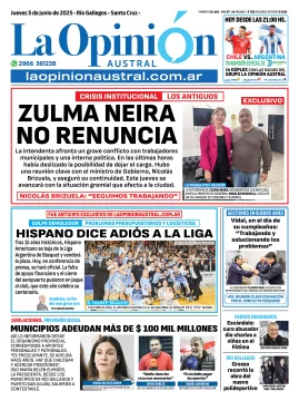 Tapa del Diario La Opinión Austral edición impresa del jueves 5 de junio de 2025, Río Gallegos, Santa Cruz, Argentina Tapa del Diario La Opinión Austral edición impresa del jueves 5 de junio de 2025, Río Gallegos, Santa Cruz, Argentina