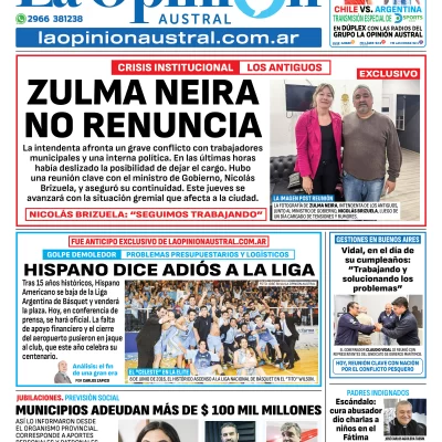Tapa del Diario La Opinión Austral edición impresa del jueves 5 de junio de 2025, Río Gallegos, Santa Cruz, Argentina